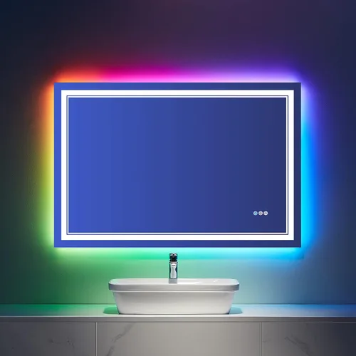 Vista 26 de Espejo de baño LED de 40 x 36 pulgadas con luces, retroiluminado y frontal iluminado para pared, antiempañamiento, regulable, memoria inastillable