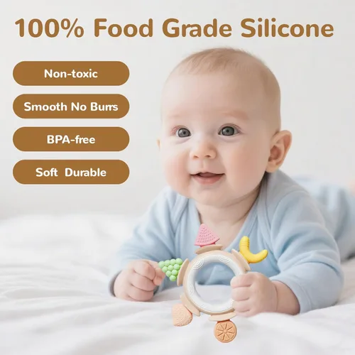 Vista 3 de Mordedores de silicona Hooku para bebés de 6 a 12 meses, juguetes de dentición para bebés de 0 a 6 meses, anillos de dentición de frutas para bebés