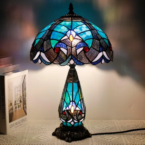 Tiffany - Lámpara de mesa de vitrales de 12 x 19 pulgadas, jarrón para madre e hija, luz nocturna para dormitorio, mesita de noche, lectura, hogar,