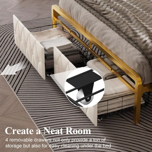 Vista 6 de E-Motie Bastidor de cama tamaño matrimonial en color blanco con 2 cajones de almacenamiento, luces LED y estación de carga. Plataforma tapizada