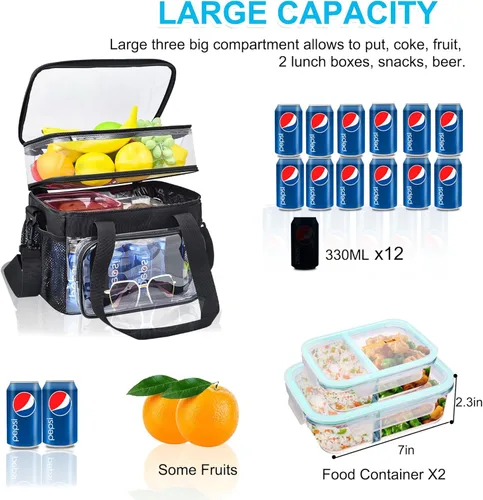 Vista 3 de Bolsa de almuerzo transparente – Bolsa de almuerzo grande transparente para el trabajo, bolsa de almuerzo reutilizable de doble cubierta con correa