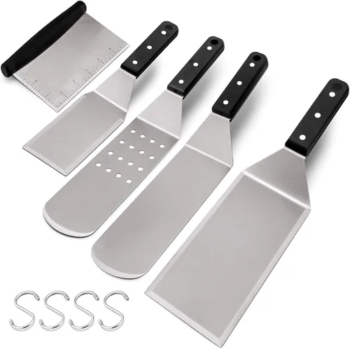 Vista 8 de HaSteeL - Juego de 5 espátulas de metal, kit de accesorios de plancha resistente, de acero inoxidable duradero, para hamburguesas, espátulas