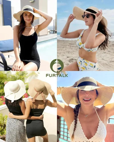 Vista 5 de FURTALK Sombrero de paja para mujer, ala ancha, UPF 80, sombrero de verano, plegable, plegable, flexible, para playa Beige