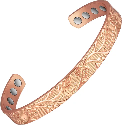 Pulsera de cobre para mujer, 6.5 pulgadas, flor de cobre puro, ajustable, con imanes, regalo de joyería de cobre (1042)