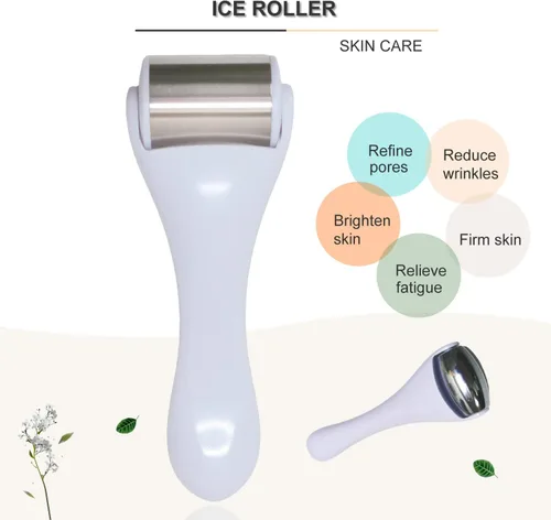 Vista 4 de Rodillo de hielo y masajeador para cara y ojos, acero inoxidable, 2 piezas, alivio del dolor, ojeras, migraña (blanco)