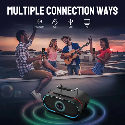Vista 5 de RHM K666PLUS Máquina de karaoke con sonido potente, graves profundos y luz LED, 2 micrófonos inalámbricos, 7 horas de reproducción, compatible