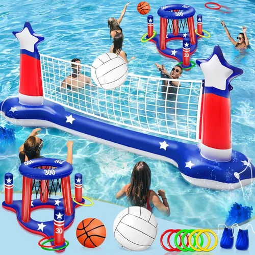 Grandes juegos inflables de piscina, red de voleibol y aro de baloncesto con 2 pelotas de playa, bandera estadounidense, juguetes de agua para