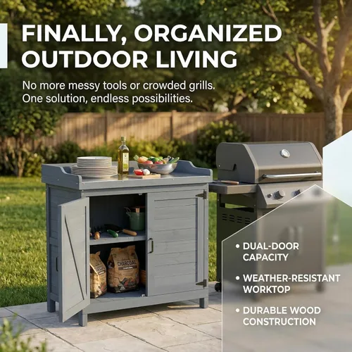 Vista 3 de Gabinete de Almacenamiento de Madera para Jardín Exterior Patio Muebles Cobertizo de Herramientas Impermeable con Bancos para Macetas Mesa de Gris