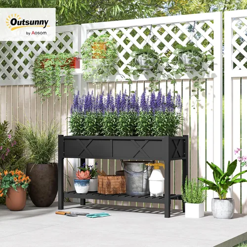 Vista 2 de Outsunny Cama de jardín elevada, maceta de madera elevada con estante de almacenamiento, agujeros de drenaje y forro para patio trasero, patio, Negro