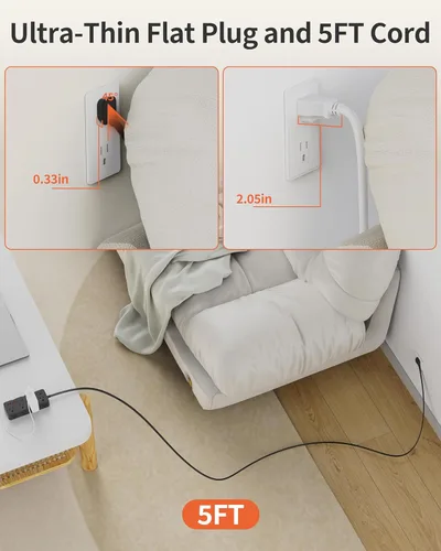 Vista 5 de DEPOW Regletas de alimentación con protección contra sobretensiones, cable de extensión de 5 pies con múltiples tomas, 8 salidas de CA, 4 puertos