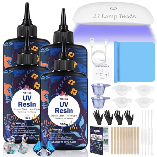 Vista 10 de KISREL Resina UV con luz - Kit de resina UV de curado ultravioleta tipo duro mejorado de 200 g transparente como un cristal, 8 perlas de lámpara UV