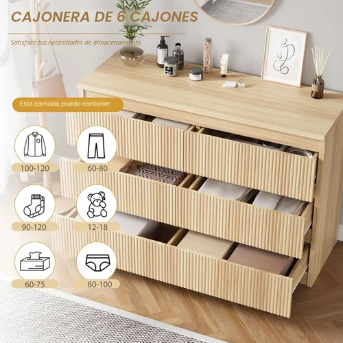 Vista 5 de Jocoevol Cómoda de Roble de 6 Cajones para Dormitorio, Cómoda Acanalada Moderna, Cómodas de Dormitorio con Cajones, Cofre Grande de Cajones