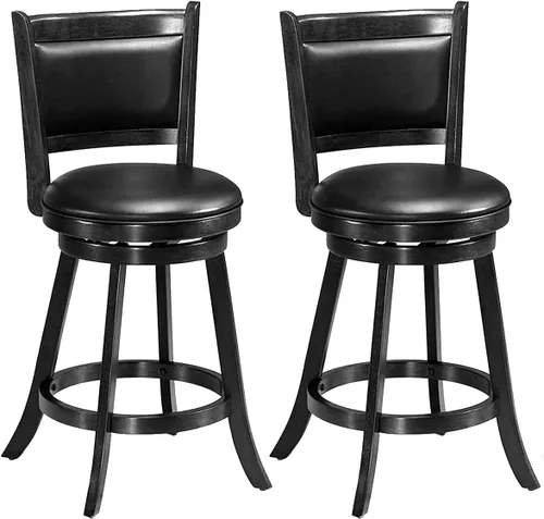 ERGOMASTER Taburetes de bar giratorios de 24 pulgadas con respaldo, madera de caucho, negro, juego de 2