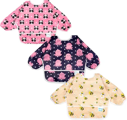 Vista 14 de Juego de baberos de manga larga de 3 piezas, baberos impermeables para bebés con bolsillo, babero para niños pequeños con mangas, bata resistente a
