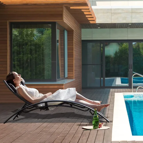 Vista 7 de Juego de 2 tumbonas para patio al aire libre, 5 posiciones de respaldo ajustables, silla de patio ajustable con reposacabezas adecuada para piscina