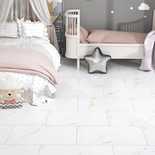 Vista 2 de Azulejos de vinilo dorados y blancos, 15 unidades, autoadhesivos, de linóleo, para cocina, dormitorio, baño, azulejos impermeables para suelos