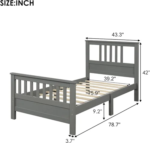 Vista 2 de Marco de cama de madera maciza, cama de plataforma de madera con cabecera y estrio, no necesita somier, fácil montaje para niños, individual (gris)