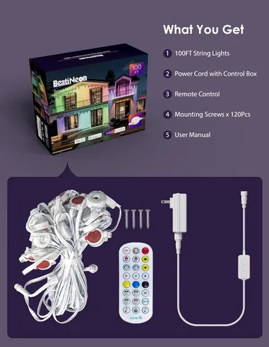 Vista 9 de Luces permanentes para exteriores, 100 pies con 60 luces LED RGB+IC para casa, 75 modos de escena, luces de alero impermeables IP68 compatibles