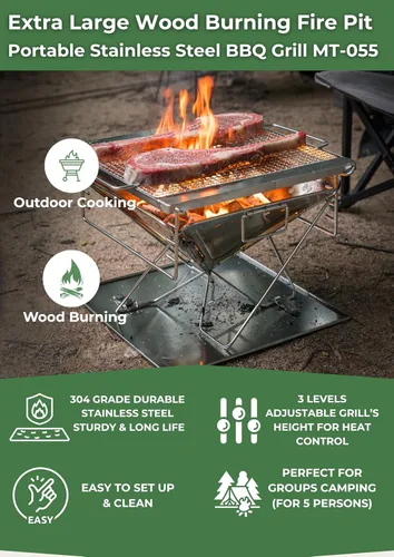 Vista 2 de Campingmoon - Parrilla portátil 3 en 1 para fogata de 16 pulgadas, resistente de acero inoxidable, estufa de campamento, altura ajustable