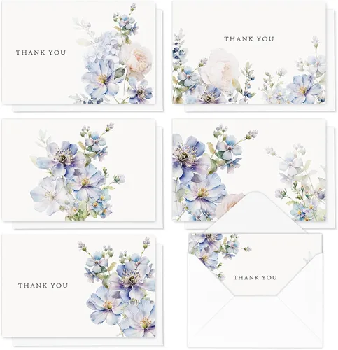 AnyDesign Paquete de 36 tarjetas de agradecimiento florales de acuarela azul polvoriento, tarjetas de felicitación florales con sobres, calcomanías