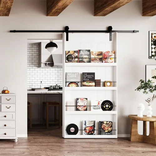 Vista 17 de BARNER HOME Puerta corrediza de granero de 36" x 84", puerta de granero estilo estante con kit de herrajes de 6.6 pies, hecha de MDF imprimado