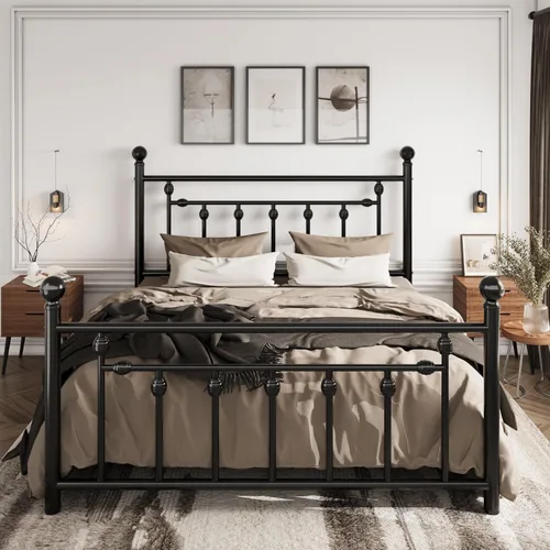 Vista 9 de SHA CERLIN Marco de cama de plataforma de metal de tamaño matrimonial de 14 pulgadas, cabecera y estribo victorianos/base de colchón de listones