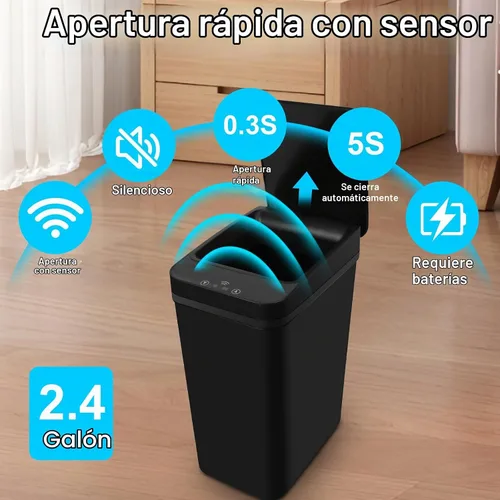 Vista 5 de Basurero de baño, basurero inteligente sin contacto, cubo de basura automático con sensor de movimiento con tapa, cubo de basura de 2.4 galones
