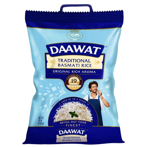 Arroz blanco basmati tradicional Daawat - Arroz basmati auténtico de grano extra largo - Bolsa de 10 libras