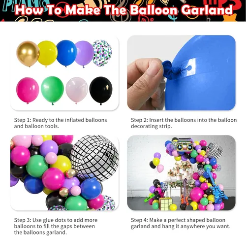 Vista 8 de Decoraciones de fiesta temática de los años 80 y 90 para cumpleaños de adultos, kit de guirnalda de arco de globos neón retro con bola de disco