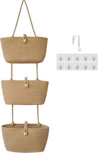 Vista 8 de TeoKJ Cestas colgantes sobre la puerta con correa de botón, bolsa organizadora de almacenamiento de algodón tejido de 3 niveles, montadas