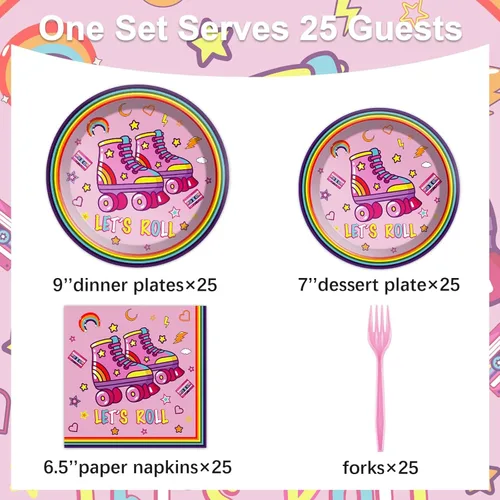 Vista 2 de Qyeahkj 100 piezas de platos y servilletas de patinaje en línea para fiesta rosa, suministros de decoración de cumpleaños con temática de patinaje