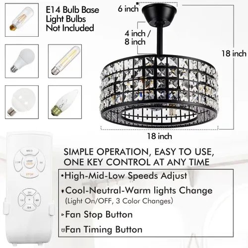 Vista 2 de A Million 18" Crystal Caged Ceiling Fan with Lights, Industrial Enclosed Ceiling Fan Light with Remote Control, 3 Speed Silent for Farmhouse