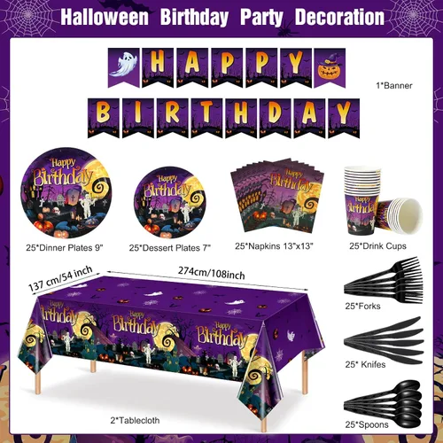 Vista 2 de Juego de vajilla de suministros para fiesta de Halloween, incluye platos de papel desechables de Halloween, cumpleaños, servilletas, vasos, mantel