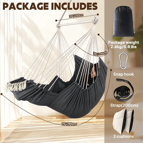 Vista 3 de Chihee Silla hamaca colgante con reposapiés, 2 cojines, máximo 500 libras, barra separadora de metal resistente, plegable, fácil almacenamiento