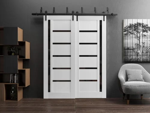 Vista 2 de Puertas corredizas de 36 x 80 pulgadas Quadro 4588 seda blanca con vidrio negro Juego de accesorios de rieles resistentes de 6.6 pies Puertas