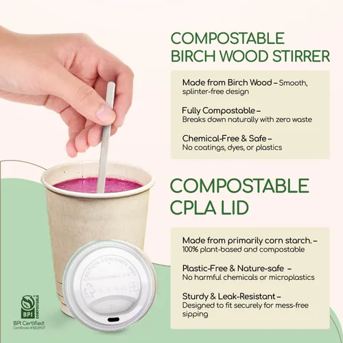 Vista 7 de Living Balance Certified Compostable Coffee Cups 12 oz 50 Pack with Lids