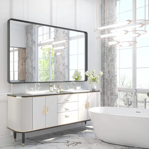 Vista 186 de TETOTE Espejo de marco dorado cepillado de 16 x 24 pulgadas, espejo de tocador de baño de latón dorado para pared, espejo enmarcado rectangular
