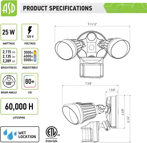 Vista 2 de ASD Luz LED de seguridad para exteriores de 25W 2300LM con sensor de movimiento, 3000K/4000K/5000K, IP65 impermeable, detección de movimiento, luz