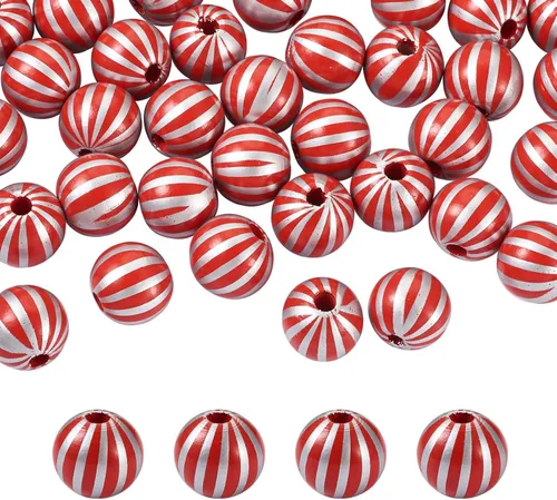 Vista 8 de FASHEWELRY 50 cuentas de madera de Navidad de 0.632 pulgadas (0.630 in), cuentas espaciadoras de madera rústicas, cuentas sueltas de madera