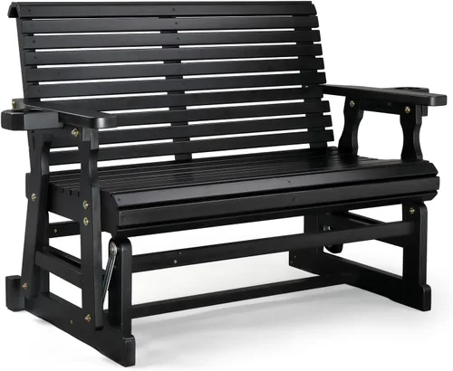 Vista 12 de VINGLI Planeador de madera para patio, resistente de 600 libras para exteriores con portavasos, banco de madera individual con respaldo alto