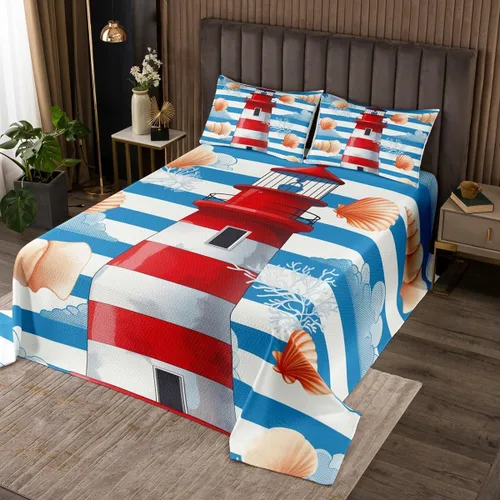 Vista 17 de Erosebridal Juego de colcha náutica costera con anclaje, ropa de cama de playa de verano, tamaño individual, estilo clásico, juego de edredón de 2