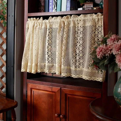 Vista 2 de Cenefa de cortina rústica bohemia para ventana de cocina, granja, hecha a mano, niveles de cortina de ganchillo para decoración de café, divisor