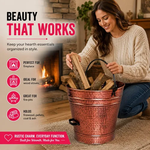 Vista 5 de Cubo grande de cobre para pellets de metal, carbón, chimenea, cenizas, con mango de hierro forjado, acabado antiguo, contenedor rústico duradero