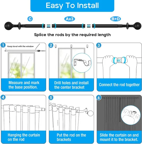Vista 9 de AIZESI Barras de cortinas envolventes de 48 a 86 pulgadas, barra de ventana ajustable para opacidad, barras de cortina decorativas negras, bloqueo