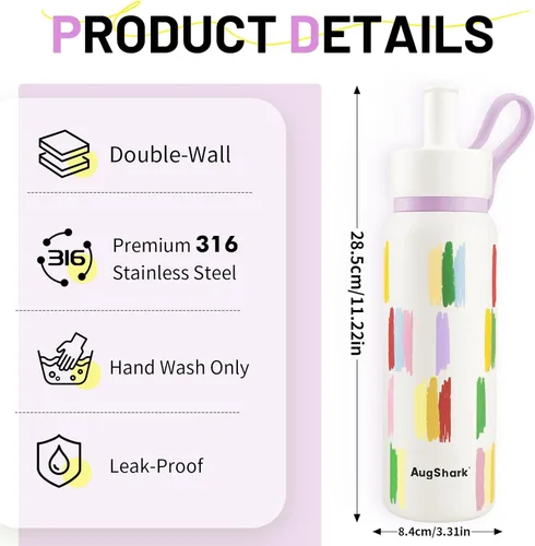 Vista 7 de Botella de agua aislada de 24 onzas, vaso con forro de acero inoxidable 316 con asa y popote, botella al vacío a prueba de fugas para gimnasio