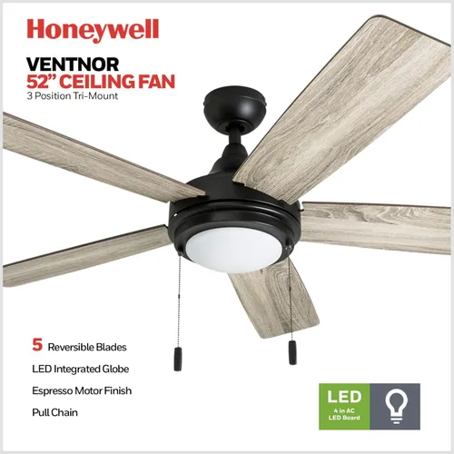 Vista 2 de Honeywell Ventiladores de techo Ventnor, ventilador de techo LED para interiores de 52 pulgadas de estilo granja moderna con luz, interruptor