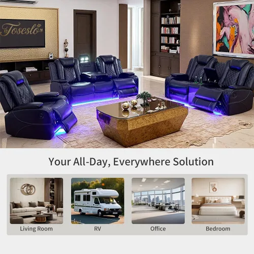 Vista 5 de Juego de muebles de sala de estar, juego de sofá reclinable eléctrico con luz LED, sofá de cuero negro y 2 sillas, modernos juegos reclinables