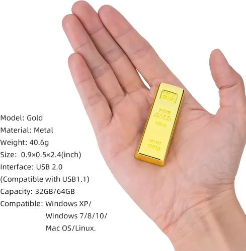 Vista 2 de BorlterClamp - Unidad flash USB de 32 GB con forma de barra dorada, unidad USB divertida para almacenamiento externo de datos