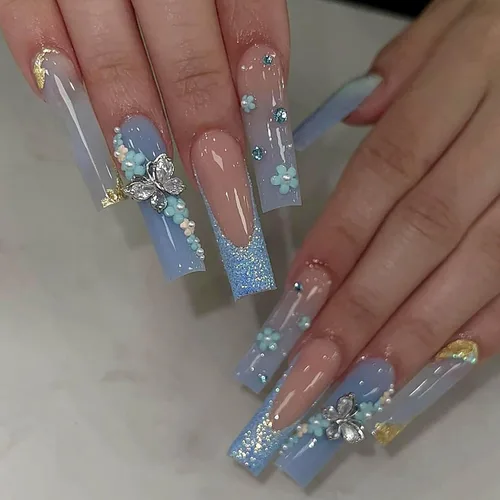 Vista 20 de RTKHFZE Uñas de Presión Francesas Uñas Postizas de Presión Largas Cuadradas con Dijes Diseños de Mariposas 3D y Diamantes de Imitación Uñas
