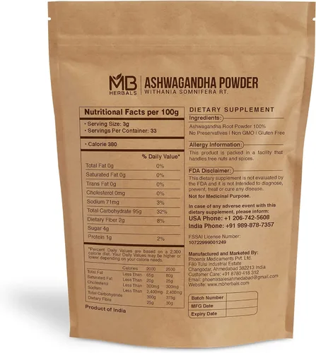 Vista 2 de MB Herbals Polvo puro de Ashwagandha de 3.53 oz (3.5 onzas) Probado en laboratorio Ginseng indio Polvo de raíz Withania somnifera Sin